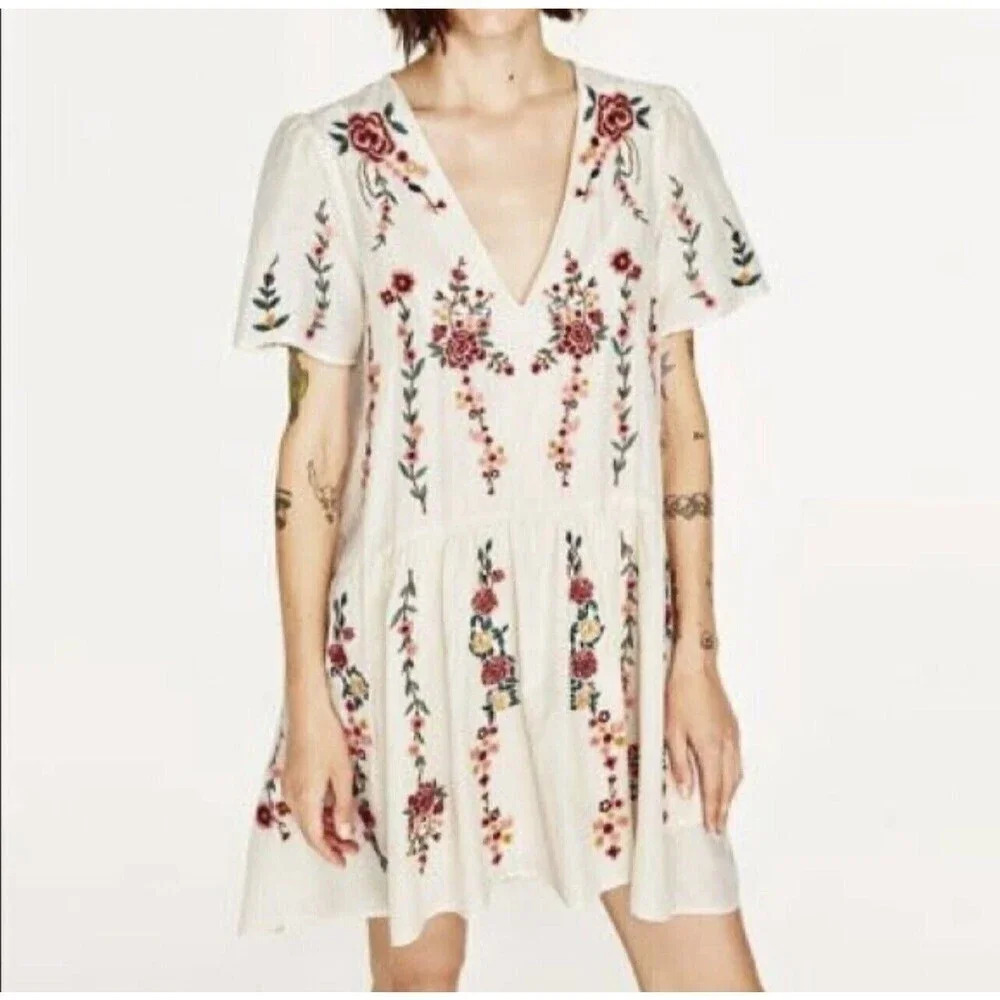 Zara Boho Dress Floral Embroidery Peasant Women's Size S